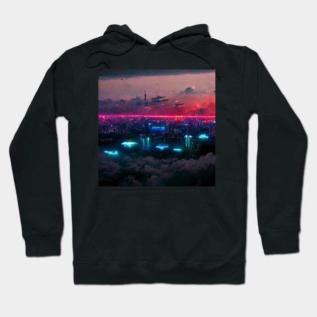 High Sphere - Cyberpunk Cityscape Skyline Hoodie by ArkMinted